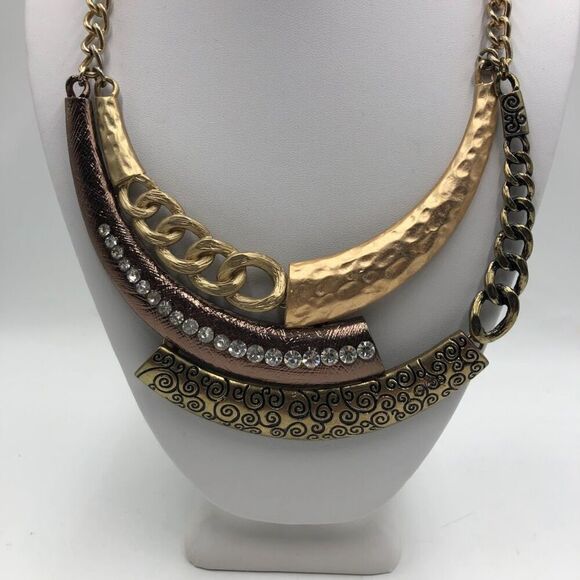 Lucia Women's Metal Statement Necklace Layered Tiered Signed Tag Rhinestones - Picture 4 of 10